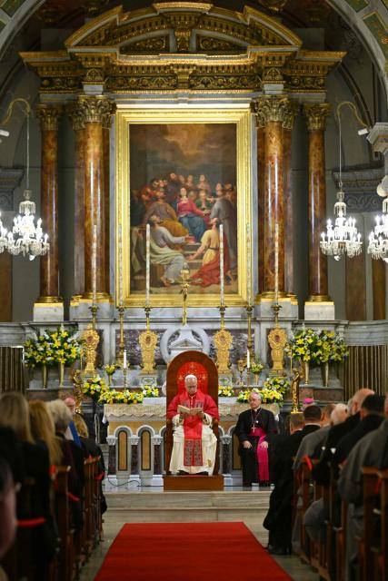 Pope Leo XIV attends a meeting with bishops, priests, deacons, consecrated men and women, and pastoral workers at the Cathedral of the Holy Spirit (St Esprit cathedral) for, in Istanbul on November 28, 2025. (Photo by Andreas SOLARO / AFP)