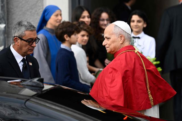Pope Leo XIV arrives at the Cathedral of the Holy Spirit (St Esprit cathedral) for a meeting with bishops, priests, deacons, consecrated men and women, and pastoral workers , in Istanbul on November 28, 2025. (Photo by YASIN AKGUL / AFP)