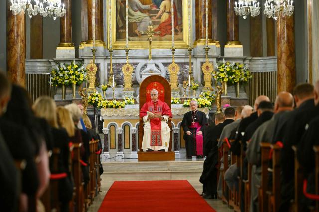 Pope Leo XIV attends a meeting with bishops, priests, deacons, consecrated men and women, and pastoral workers at the Cathedral of the Holy Spirit (St Esprit cathedral) for, in Istanbul on November 28, 2025. (Photo by Andreas SOLARO / AFP)