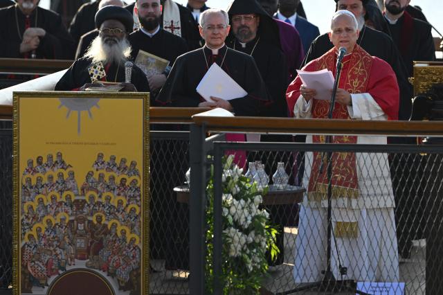 Pope Leo XIV speaks during an ecumenical prayer service near the sunken Byzantine Basilica of Saint Neophytos by Lake Iznik, on November 28, 2025. (Photo by Andreas SOLARO / AFP)