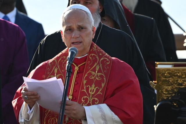 Pope Leo XIV speaks during an ecumenical prayer service near the sunken Byzantine Basilica of Saint Neophytos by Lake Iznik, on November 28, 2025. (Photo by Andreas SOLARO / AFP)