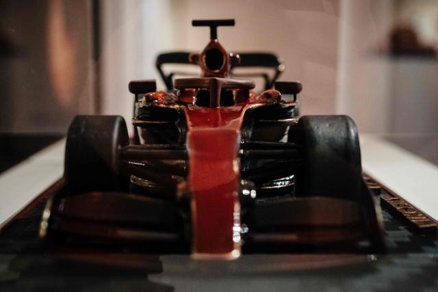 This photograph taken on November 28, 2025 in Paris shows a chocolate pastry made by France's pastry chef Vincent Guerlais displayed three days ahead of an auction of 25 grands chefs pastries for the benefit of the BAB Charity association, which works for the well-being and development of children with leukaemia who are hospitalised at the Armand Trousseau Hospital in Paris.

"25 pastry chefs commit to helping children", at Artcurial auction house in Paris. (Photo by Dimitar DILKOFF / AFP)