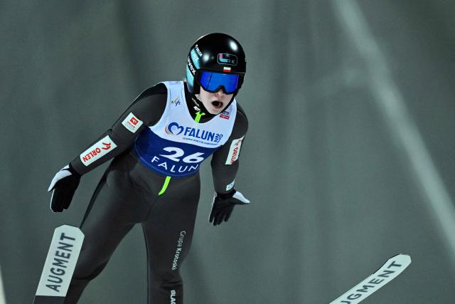 Poland's Pola Beltowska competes in the Women's Individual HS95 FIS World Cup Ski Jumping event at Lugnet Stadium in Falun, Sweden, on November 28, 2025. (Photo by Fredrik SANDBERG / TT News Agency / AFP) / Sweden OUT
