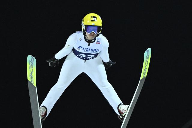 Finland's Sofia Mattila competes in the Women's Individual HS95 FIS World Cup Ski Jumping event at Lugnet Stadium in Falun, Sweden, on November 28, 2025. (Photo by Fredrik SANDBERG / TT News Agency / AFP) / Sweden OUT