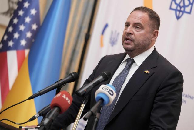 (FILES) Ukrainian Presidential Office Head Andriy Yermak, speaks during a news conference at the Ukrainian Embassy, following an earlier meeting with US Secretary of State Marco Rubio at the State Department in Washington, DC on June 4, 2025. Ukrainian President said on November 28, 2025, his top aide Andriy Yermak had resigned after investigators raided the powerful chief of staff's house as part of a sweeping corruption probe. (Photo by Oliver Contreras / AFP)