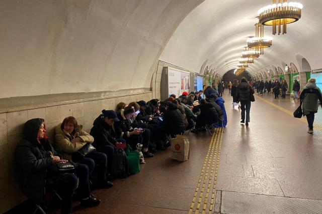 People take shelter at a metro station during an air raid alert in Kyiv, on November 28, 2025, amid the Russian invasion of Ukraine. (Photo by Ania TSOUKANOVA / AFP)