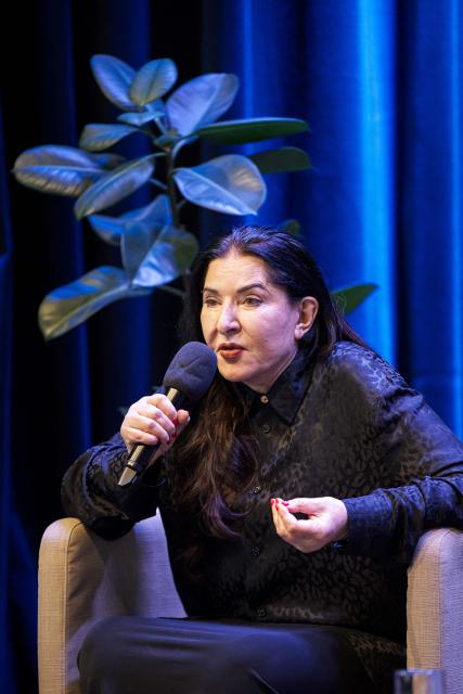 Serbian conceptual artist Marina Abramovic speaks during a press conference prior to the inauguration of the Art Vital exhibition of the couple, Ulay/Marina Abramovic at the Ljubljana Modern Arts Museum Cukrarna in Ljubljana, Slovenia on November 28, 2025. (Photo by Jure Makovec / AFP)