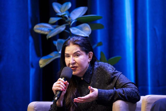 Serbian conceptual artist Marina Abramovic speaks during a press conference prior to the inauguration of the Art Vital exhibition of the couple, Ulay/Marina Abramovic at the Ljubljana Modern Arts Museum Cukrarna in Ljubljana, Slovenia on November 28, 2025. (Photo by Jure Makovec / AFP)