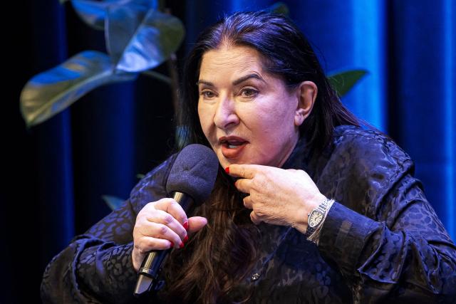 Serbian conceptual artist Marina Abramovic speaks during a press conference prior to the inauguration of the Art Vital exhibition of the couple, Ulay/Marina Abramovic at the Ljubljana Modern Arts Museum Cukrarna in Ljubljana, Slovenia on November 28, 2025. (Photo by Jure Makovec / AFP)