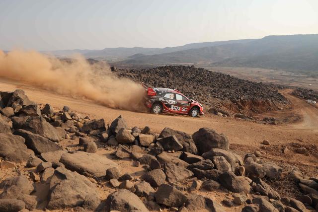 M-Sport Ford World Rally Team's Latvian driver Martins Sesks and Latvian co-driver Renars Francis steer their Ford Puma Rally1 during the third stage of FIA World Rally Championship (WRC) in Jeddah on November 28, 2025. (Photo by Fayez Nureldine / AFP)