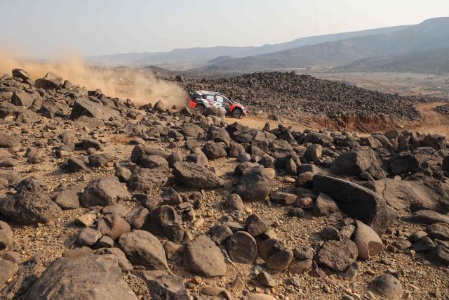 Hyundai Shell Mobis World Rally Team's French driver Adrien Fourmaux and French co-driver Alexandre Coria steer their Hyundai i20 N Rally1 during the third stage of FIA World Rally Championship (WRC) in Jeddah on November 28, 2025. (Photo by Fayez Nureldine / AFP)