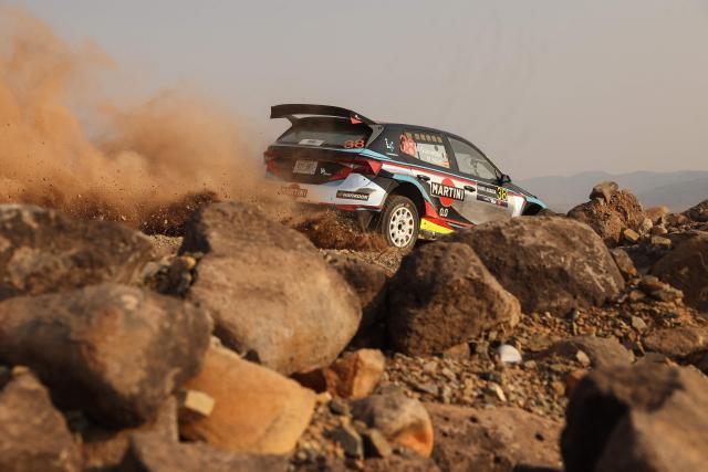 Mexican driver Miguel Granados and Spanish co-driver Marc Marti steer their Skoda Fabia RS during the third stage of FIA World Rally Championship (WRC) in Jeddah on November 28, 2025. (Photo by Fayez Nureldine / AFP)