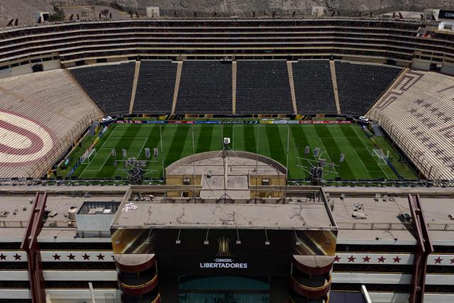Aerial view of the Monumental Stadium ahead the final of the 2025 Copa Conmebol Libertadores between Palmeiras and Flamengo in Lima, taken on November 28, 2025. (Photo by Ernesto BENAVIDES / AFP)