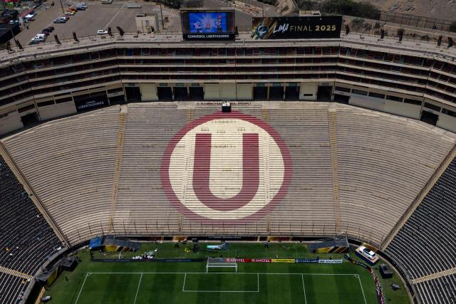 Aerial view of the Monumental Stadium ahead the final of the 2025 Copa Conmebol Libertadores between Palmeiras and Flamengo in Lima, taken on November 28, 2025. (Photo by Ernesto BENAVIDES / AFP)