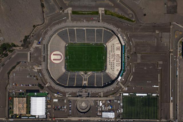 Aerial view of the Monumental Stadium ahead the final of the 2025 Copa Conmebol Libertadores between Palmeiras and Flamengo in Lima, taken on November 28, 2025. (Photo by Ernesto BENAVIDES / AFP)