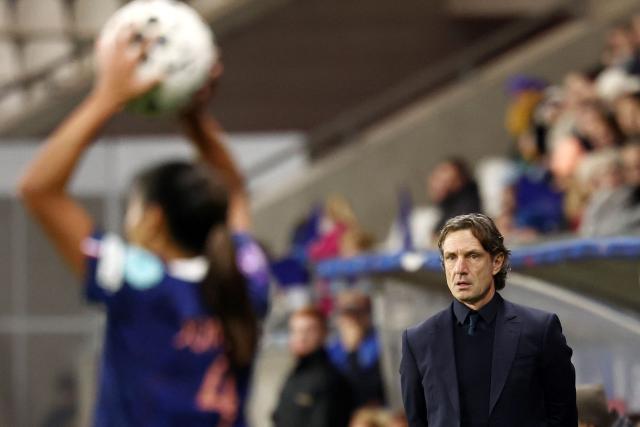 France's head coach Laurent Bonadei watches his players from the touchline during the Women's Nations League third place playoff first leg football match between France and Sweden at Auguste-Delaune stadium in Reims, on November 28, 2025. (Photo by FRANCK FIFE / AFP)