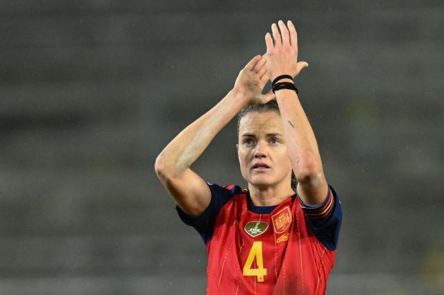 Spain's defender #04 Irene Paredes reacts after the UEFA Women's Nations League first leg final football match between Germany and Spain in Kaiserslautern, western Germany on November 28, 2025. The match ended in a 0-0 draw. (Photo by THOMAS KIENZLE / AFP)
