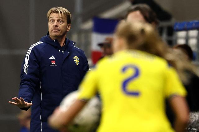 Sweden's head coach Tony Gustavsson reacts during the Women's Nations League third place playoff first leg football match between France and Sweden at Auguste-Delaune stadium in Reims, on November 28, 2025. (Photo by FRANCK FIFE / AFP)