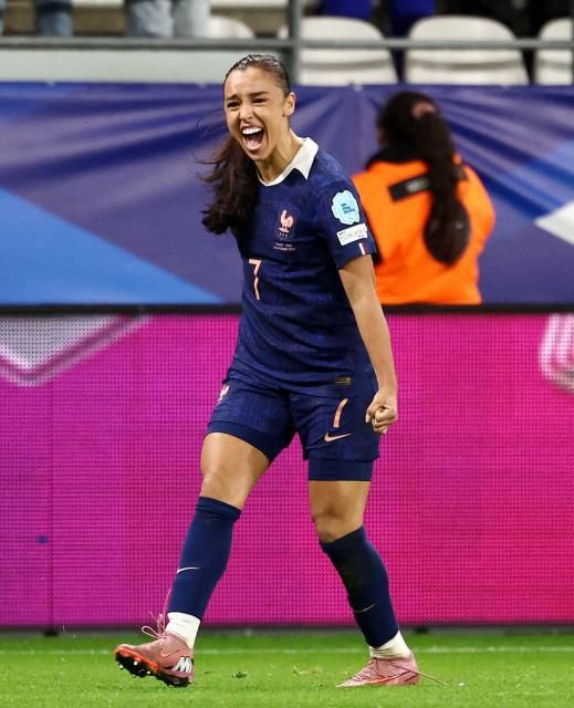 France's defender #07 Sakina Karchaoui celebtrates France's second goal during the Women's Nations League third place playoff first leg football match between France and Sweden at Auguste-Delaune stadium in Reims, on November 28, 2025. (Photo by FRANCK FIFE / AFP)