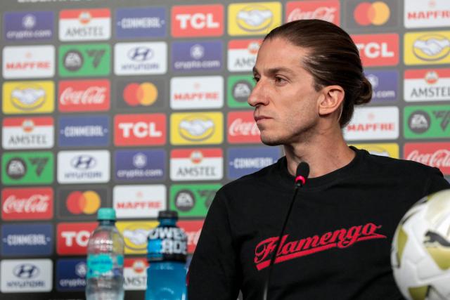 Flamengo's head coach Filipe Luis holds a press conference on the eve of the all Brazilian Copa Libertadores final football match between Palmeiras and Flamengo in Lima on November 28, 2025. (Photo by Connie FRANCE / AFP)