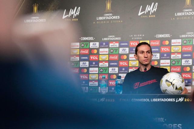 Flamengo's head coach Filipe Luis holds a press conference on the eve of the all Brazilian Copa Libertadores final football match between Palmeiras and Flamengo in Lima on November 28, 2025. (Photo by Connie FRANCE / AFP)