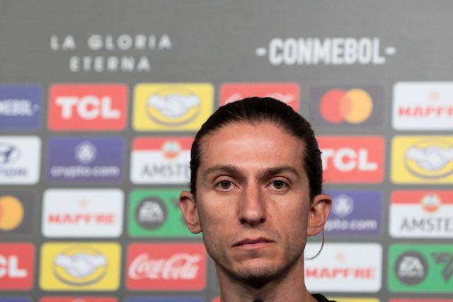 Flamengo's head coach Filipe Luis holds a press conference on the eve of the all Brazilian Copa Libertadores final football match between Palmeiras and Flamengo in Lima on November 28, 2025. (Photo by Connie FRANCE / AFP)