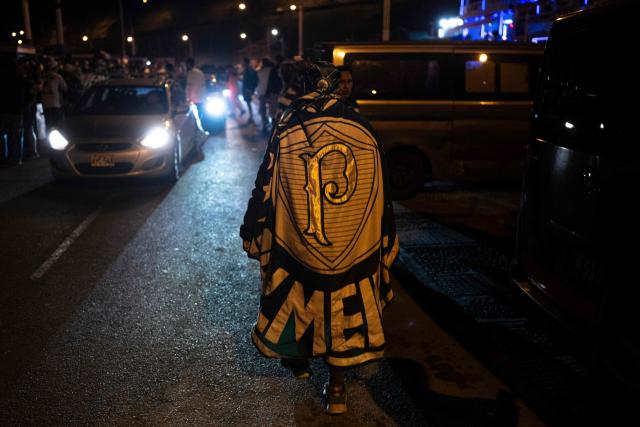 A Palmeiras fan walks wrapped in a flag bearing the club's crest during a gathering on the eve of the all-Brazilian Copa Libertadores final football match between Palmeiras and Flamengo at La Herradura beach in Lima on November 28, 2025. (Photo by Ernesto BENAVIDES / AFP)