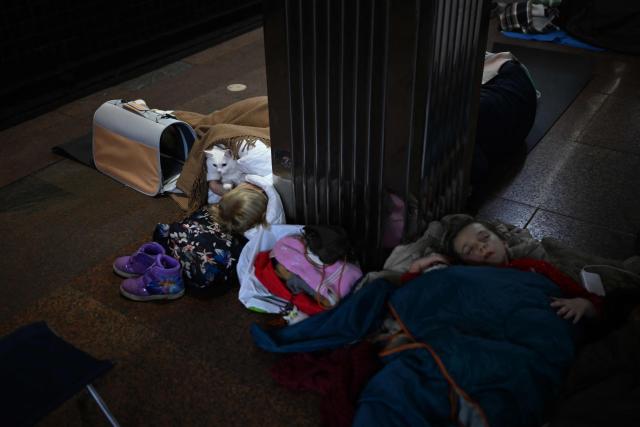 A woman pets her cat as she takes shelter at a metro station during an air attack in Kyiv on November 29, 2025, amid the Russian invasion of Ukraine. Loud explosions were heard in the Ukrainian capital Kyiv early on November 29, 2025, the mayor and AFP journalists said. (Photo by Sergei GAPON / AFP)