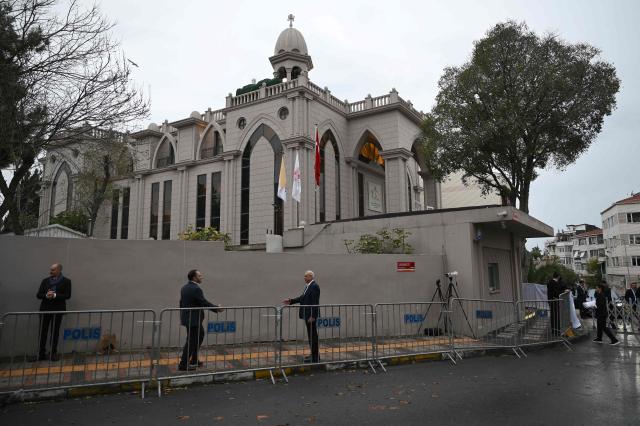A picture shows the Mor Ephrem Syriac Orthodox Church before the arrival of Pope Leo XIV for a meeting with religious leaders, in Istanbul on November 29, 2025. (Photo by YASIN AKGUL / AFP)