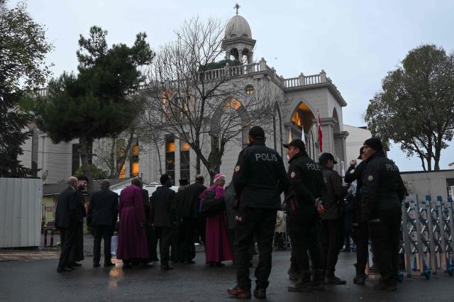 A picture shows the Mor Ephrem Syriac Orthodox Church before the arrival of Pope Leo XIV for a meeting with religious leaders, in Istanbul on November 29, 2025. (Photo by YASIN AKGUL / AFP)