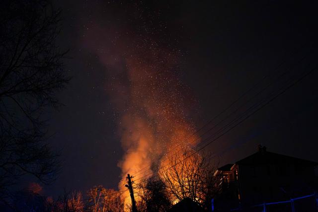 This photograph shows a fire in a damaged private house following a drone attack to Kyiv on November 29, 2025, amid the Russian invasion in Ukraine. A Russian drone attack targeted the Ukrainian capital in the early hours of November 29, killing one person and wounding seven, authorities in Kyiv said. (Photo by Anton SHTUKA / AFP)