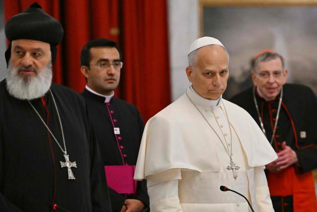 Pope Leo XIV stands next to patriarch Mor Ignatius Aphrem II during a private meeting with religious leaders at the Mor Ephrem Syriac Orthodox Church, in Istanbul on November 29, 2025. (Photo by Andreas SOLARO / AFP)