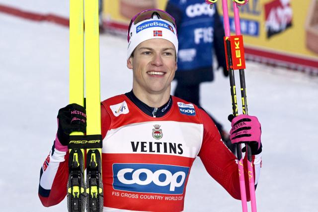 Norway's Johannes Hosflot Klaebo celebrates after winning the men's cross country classic skiing sprint final at the FIS World Cup Ruka Nordic in Kuusamo, Finland, on November 29, 2025. (Photo by Vesa Moilanen / Lehtikuva / AFP) / Finland OUT