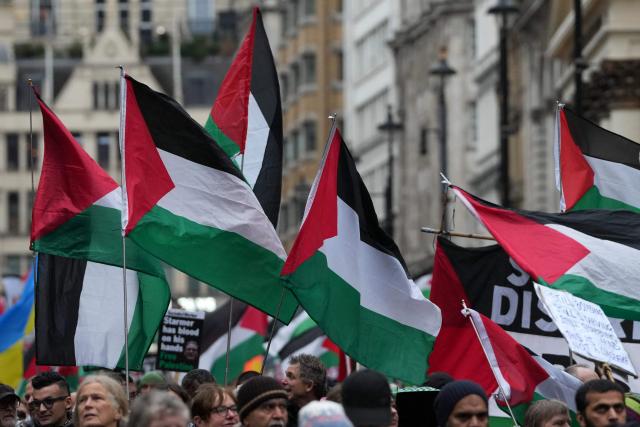 Protesters hold placards and wave Palestinian flags during a march organised by the Palestine Solidarity Campaign in central London on November 29, 2025, calling to "end the occupation, end apartheid and stop arming Israel".  (Photo by CARLOS JASSO / AFP)