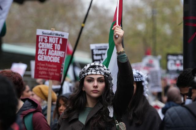 A protester waves a Palestinian flag during a march organised by the Palestine Solidarity Campaign in central London on November 29, 2025, calling to "end the occupation, end apartheid and stop arming Israel".  (Photo by CARLOS JASSO / AFP)