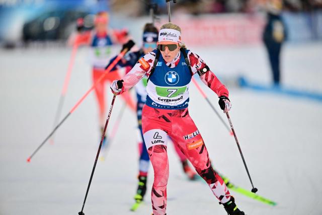 Austria's Lisa Hauser competes during the women's relay of the World Cup biathlon at Östersund Ski Stadium, Ostersund, Sweden, on November 29, 2025.  (Photo by Hanna BRUNLOF / various sources / AFP) / Sweden OUT
