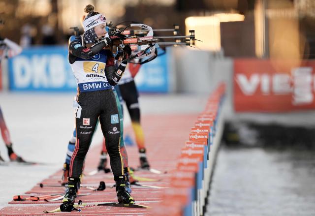 Germany's Selina Grotian shoots during the women's relay of the World Cup biathlon at Östersund Ski Stadium, Ostersund, Sweden, on November 29, 2025.  (Photo by Bjorn LARSSON ROSVALL / various sources / AFP) / Sweden OUT