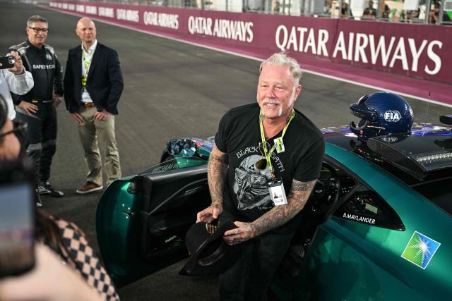Metallica's James Hatfield steps out of the safety car before the sprint race ahead of the Formula One Qatar Grand Prix at the Lusail International Circuit in Lusail on November 29, 2025. (Photo by Andrej ISAKOVIC / AFP)