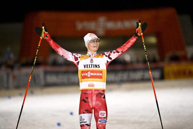 Austria's winner Johannes Lamparter celebrates after the men's 10km cross-country skiing Gundersen of the Nordic Combined of the FIS World Cup Ruka Nordic in Kuusamo, Finland, on November 29, 2025. (Photo by Roni Rekomaa / Lehtikuva / AFP) / Finland OUT