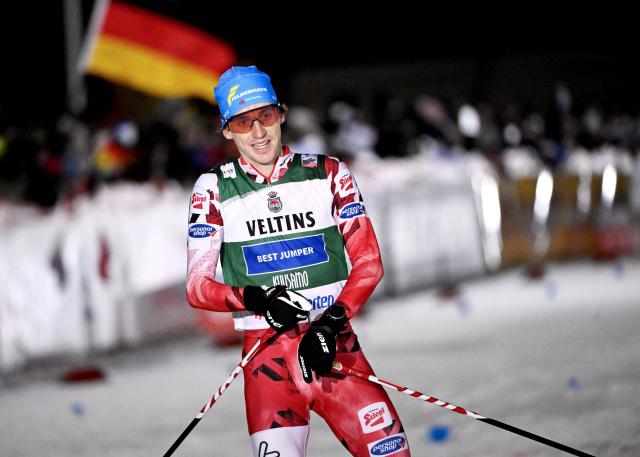 Austria's third placed Thomas Rettenegger of Austria reacts after the men's 10km cross-country skiing Gundersen of the Nordic Combined at the FIS World Cup Ruka Nordic in Kuusamo, Finland on November 29, 2025. (Photo by Roni Rekomaa / Lehtikuva / AFP) / Finland OUT