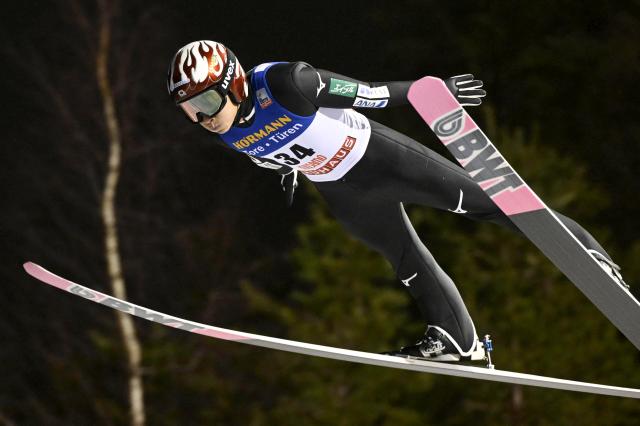Japan's Yukiya Sato competes during the men's ski jumping large hill HS142 event of the FIS World Cup Ruka Nordic Opening event in Kuusamo, Finland, on November 29, 2025. (Photo by Vesa Moilanen / Lehtikuva / AFP) / Finland OUT