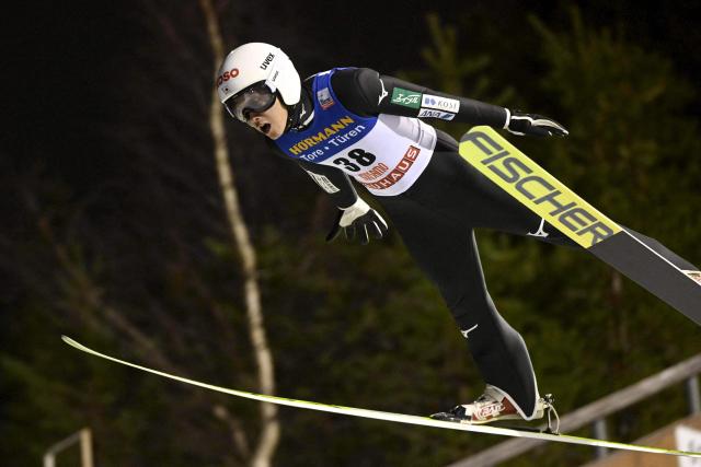 Japan's Tomofumi Naito competes during the men's ski jumping large hill HS142 event of the FIS World Cup Ruka Nordic Opening event in Kuusamo, Finland, on November 29, 2025. (Photo by Vesa Moilanen / Lehtikuva / AFP) / Finland OUT