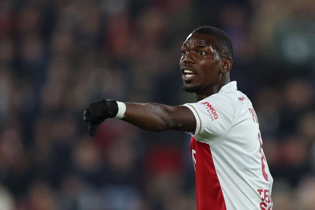 Monaco's French midfielder #08 Paul Pogba reacts during the French L1 football match between AS Monaco and Paris Saint-Germain (PSG) at the Stade Louis II in the Principality of Monaco on November 29, 2025. (Photo by Valery HACHE / AFP)