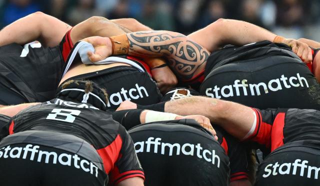 This photograph shows the tattooed arm of Lyon's New-Zealand prop Jermaine Ainsley during the French Top14 rugby union match between Aviron Bayonnais (Bayonne) and Lyon Olympique Universitaire Rugby at Stade Jean Dauger in Bayonne, south-western France on November 29, 2025. (Photo by Gaizka IROZ / AFP)