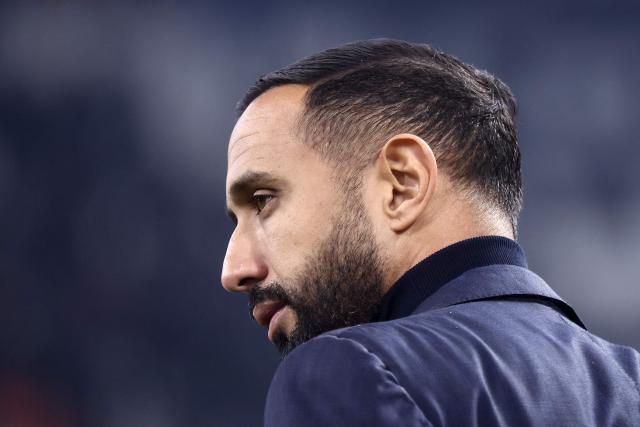 Marseille's French-Moroccan football manager Medhi Benatia looks on before the French L1 football match between Olympique de Marseille (OM) and Touloue FC (TFC) at the Stade Velodrome in Marseille, southern France, on November 29, 2025. (Photo by Alex MARTIN / AFP)