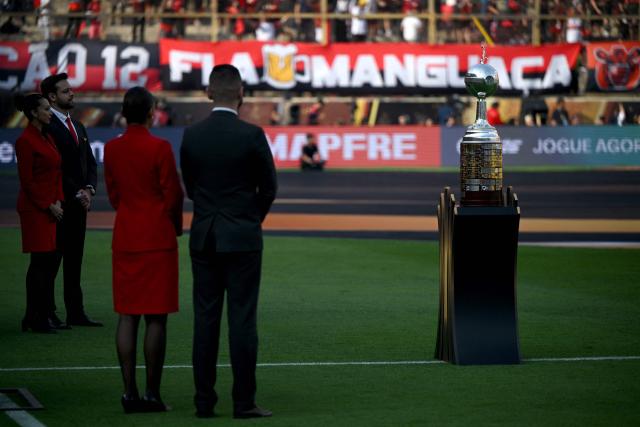The Copa Libertadores trophy is displayed ahead of the all-Brazilian Copa Libertadores final between Palmeiras and Flamengo at Monumental “U” Marathon Stadium in Lima, Peru, on November 29, 2025. (Photo by ERNESTO BENAVIDES / AFP)