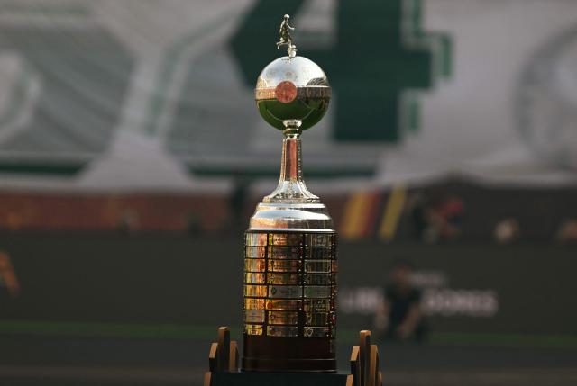 The champions trophy is pictured before the all Brazilian Copa Libertadores final football match between Palmeiras and Flamengo at Monumental 'U' Marathon stadium in Lima on November 29, 2025. (Photo by Luis ACOSTA / AFP)