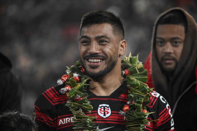Toulouse's New Zealand centre Pita Ahki reacts following his last match for his team at the end of the French Top14 rugby union match between Stade Toulousain Rugby (Toulouse) and Racing 92 at the Ernest-Wallon stadium in Toulouse, south-western France on November 29, 2025. (Photo by Ed JONES / AFP)