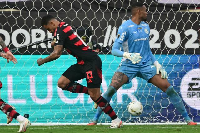 Flamengo's defender #13 Danilo celebrates scoring his team's first goal past Palmeiras' goalkeeper #01 Carlos Miguel during the all Brazilian Copa Libertadores final football match between Palmeiras and Flamengo at Monumental 'U' Marathon stadium in Lima on November 29, 2025. (Photo by ERNESTO BENAVIDES / AFP)