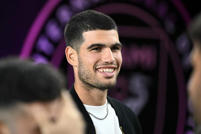 Professional tennis player Spaniard Carlos Alcaraz attends the Major League Soccer (MLS) Eastern Conference final football match between Inter Miami and New York City FC at Chase Stadium in Fort Lauderdale, Florida on November 29, 2025. (Photo by Chandan Khanna / AFP)